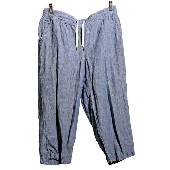 LL Bean Women 12 Blue 100% Linen Straight Leg Pants Coastal Favorite Fit Cropped - Picture 1 of 6